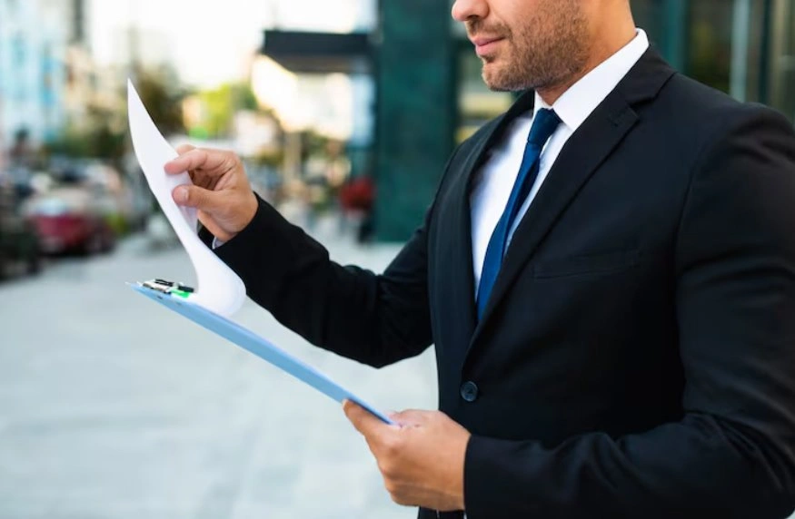 Business professional reviewing trademark documents